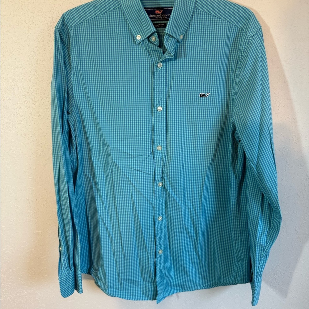 Men’s M Blue Vineyard Vines Whale Shirt Checkered Long Sleeve Preppy Button Up